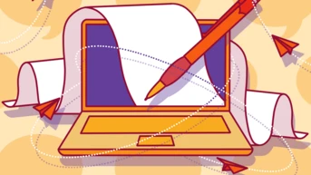 A laptop with a blank screen is surrounded by sheets of paper and paper airplanes, with a pen poised above the screen, suggesting themes of writing and creativity.