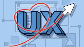The text "UX" is prominently displayed, with a red heart shape surrounding the letters and an upward-pointing arrow, symbolizing growth or improvement in user experience design. The background features abstract shapes and lines.