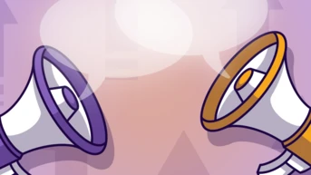 Two megaphones, one purple and one orange, are positioned facing each other against a gradient background with upward arrows and speech bubble outlines, suggesting communication or dialogue.