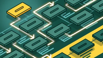 Flowchart illustrating a series of interconnected rectangular blocks, with one highlighted in yellow. Arrows indicate the direction of flow between the blocks, suggesting a process or decision-making pathway.