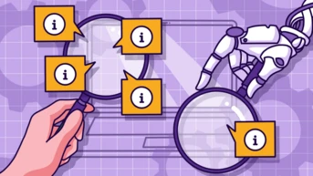 A hand holding a magnifying glass is positioned near several speech bubbles containing "i" icons, while a robotic hand reaches towards another magnifying glass. The background features a grid pattern.