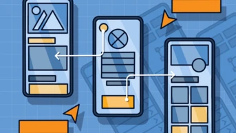 Three smartphone mockups are displayed, featuring various interface elements like buttons and icons. Arrows connect the devices, indicating a flow or interaction between them. The background is a grid pattern in light blue.