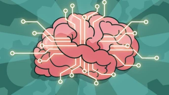 A stylized illustration of a brain connected to various circuit-like lines, symbolizing technology and neural connections. The background features abstract shapes in muted colors.