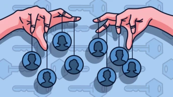 Two hands manipulate strings attached to circular icons representing people, set against a background of key patterns.