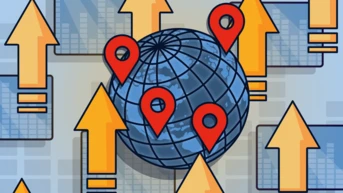 A globe with red location markers is surrounded by upward-pointing arrows, symbolizing growth or progress, against a backdrop of abstract grid patterns.