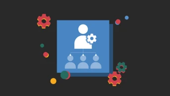 Graphic depicting a person with a gear icon, symbolizing management or leadership, with three figures below representing team members.