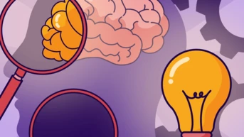 A brain illustration is magnified by a magnifying glass, accompanied by a light bulb and gears, symbolizing ideas and cognitive processes.