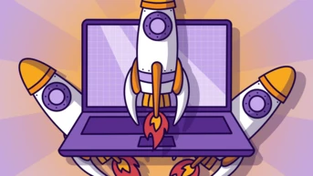 A laptop with three rockets launching from its screen, set against a gradient background. The design emphasizes themes of technology and innovation.