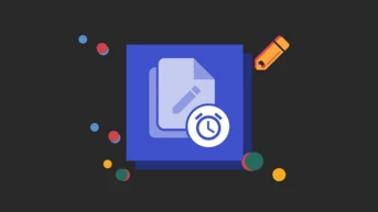 Graphic featuring a document with a pencil and a clock icon, surrounded by colorful circles on a dark background.