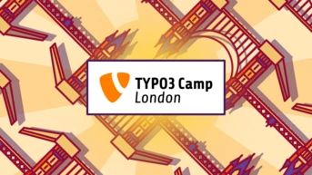 Logo for TYPO3 Camp London, featuring stylized illustrations of iconic London landmarks in the background.