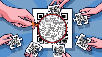 Multiple hands hold QR codes while one hand uses a magnifying glass to examine a larger QR code in the center.