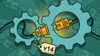 Two interlocking gears with a power plug connecting them, accompanied by a tag labeled "v14." Background features faint gear patterns.