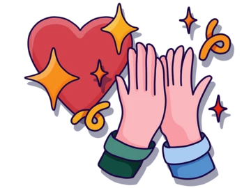 Two hands are raised together in a celebratory gesture, surrounded by a red heart and sparkling stars.