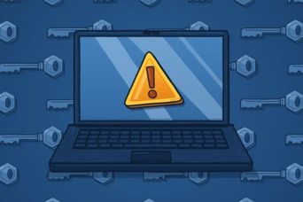 A laptop displays a yellow warning triangle with an exclamation mark, set against a background of keys.