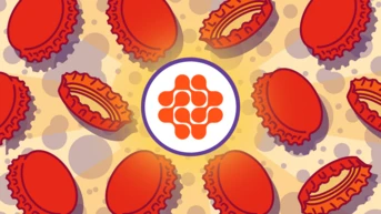Red bottle caps arranged around a central logo with a circular design, set against a light, textured background.