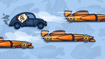 A black car with a sign reading "AI" is being outpaced by three orange racing cars on a light blue background with fish illustrations.