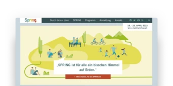 Website layout for the Spring event, featuring activities like cycling and relaxation in a nature setting, with dates and registration details.
