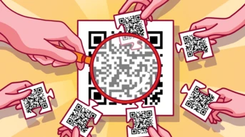 Hands holding puzzle pieces with QR codes surround a large QR code under a magnifying glass, suggesting a collaborative activity.