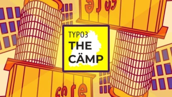 Graphic featuring the text "TYPO3 THE CAMP" in a bold font, surrounded by stylized illustrations of buildings and a map outline.