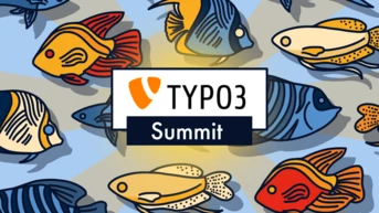 Colorful fish illustrations surround a central logo that reads "TYPO3 Summit.