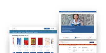 Screenshots einer Website mit Kinderbüchern und Bildungsressourcen, einschließlich eines Kalenders für 2023 und einer lächelnden Frau, die liest.