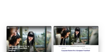 Zwei Bildschirme, die einen Artikel mit dem Titel "9 Erfolgsfaktoren für ein europäisches TrustTech-Startup" anzeigen, mit einer Frau, die an einem Schreibtisch arbeitet.