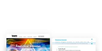 Zwei Computerbildschirme, die Webseiten anzeigen. Einer zeigt das Logo von "Analytical Scientist", während der andere "Turtle Recall" mit einem Bild einer Schildkröte bespricht.