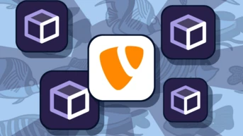Four square icons featuring a purple cube design surround a central logo with an orange shield shape on a patterned background.