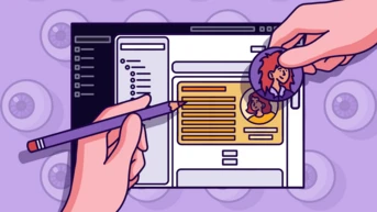 Hands holding a pencil and a circular token with characters, working on a digital interface displaying text and images.