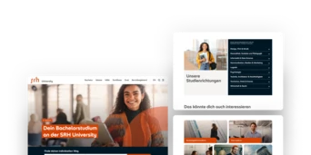 Website-Layout für die SRH Hochschule mit Abschnitten zu Bachelor-Programmen, Studentenservices und einem lächelnden Studenten, der ein Buch hält.