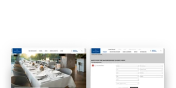 Website-Layout mit einem Essbereich, der auf der linken Seite eine Tischdekoration und auf der rechten Seite ein Produktanfrageformular zeigt.