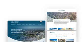 Website-Layout mit Abschnitten zu Gesundheitswesen, Forschung und Bildung, mit einem Fokus auf internationale Standards und angebotene Dienstleistungen.