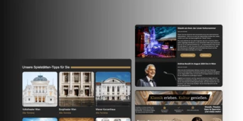 Website layout featuring cultural event recommendations in Vienna, including venues like the Vienna State Opera and upcoming performances like "Tosca.