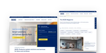 Screenshots of the GEZE website showcasing smart solutions for doors and windows, including product categories and magazine features.