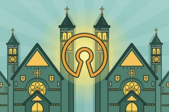 Two stylized church towers with crosses, featuring an oversized keyhole symbol in the center, set against a sunburst background.