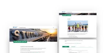 Website layout featuring Stuttgart tours, with sections for booking, information, and a photo of a group enjoying an outdoor activity.