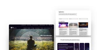 Website layout showcasing the db Soundscape application, featuring sections for events, applications, and audio solutions with a scenic background.