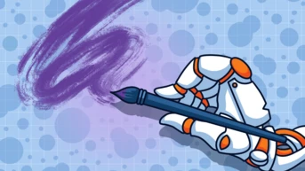 A robotic hand holds a paintbrush, creating a purple swirl against a light blue background with circular patterns.