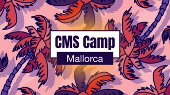 Colorful palm leaves with a central text box reading "CMS Camp Mallorca." The design features a tropical theme.