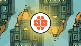 Stylized illustration featuring a central logo surrounded by architectural elements resembling domed buildings with crosses.