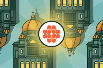 Stylized illustration featuring domed buildings with crosses, centered around a circular logo with interlocking shapes in red.