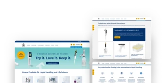 Website zur Präsentation von Produkten für Flüssigkeitshandhabung und Lebenswissenschaften, die verschiedene Laborgeräte und Sonderangebote umfasst.