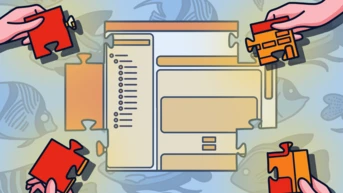 Hands holding puzzle pieces are positioned around a partially completed puzzle depicting a computer interface.