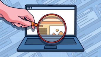 A hand holding a magnifying glass over a laptop screen displaying a webpage with an image and text elements.