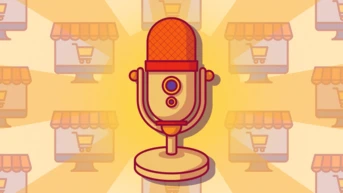 Retro microphone illustration with a shopping cart icon in the background, symbolizing e-commerce or online shopping.