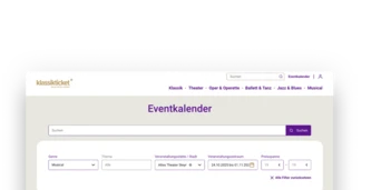 Event calendar interface displaying search options for musical events, including filters for date and price, with results for a cabaret show.