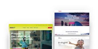 Three tablet screens displaying various website designs, featuring colorful layouts and text in German promoting different products and services.
