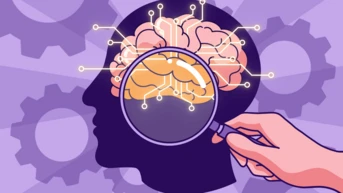 A silhouette of a head with a brain highlighted, examined through a magnifying glass, surrounded by gears and circuit-like lines.