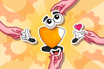 Cartoon trophy character surrounded by hands giving thumbs up and a heart gesture, set against a gear-patterned background.